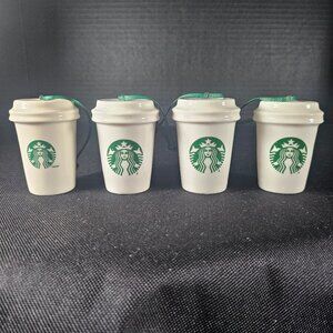 Set of 4 Ceramic Starbuck Coffee Cup Christmas Ornaments (3) 2016 (1) 2011 EUC